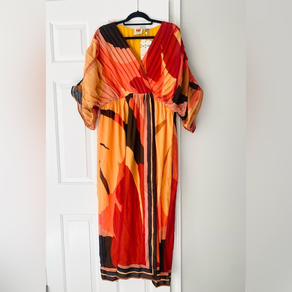 FARM Rio Red Orange & Yellow Abstract Pleated Maxi Dress - Picture 4 of 13